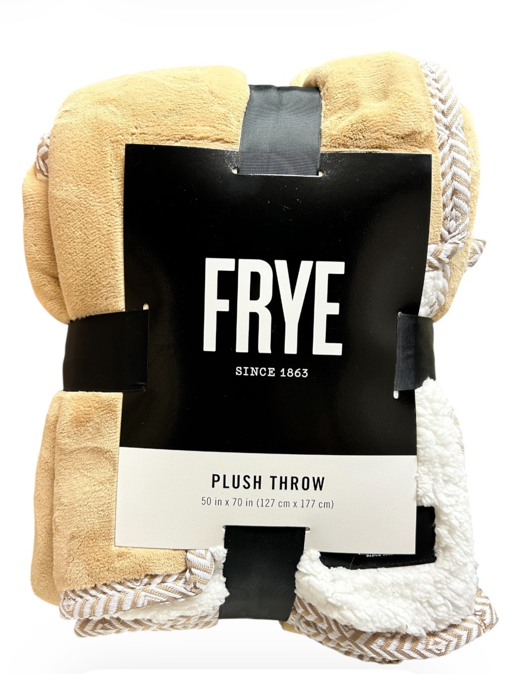 FRYE Throw Blanket Plush Tan White Oversized Soft Plush  50x70 NEW